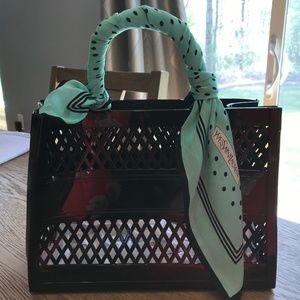 YSL scarf on a black vinyl basket tote. This is a fabulous idea!!